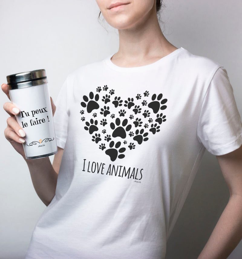 Cadeau anniversaire : T-Shirt - I Love Animals - Unisexe - Coton Bio - Cadeau Original - Cadeau Personnalisable - Cadeaux-Positifs.com -XS-Blanc-