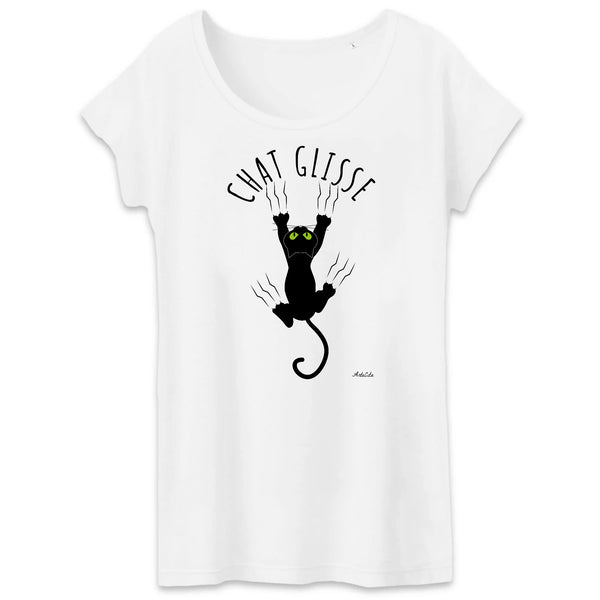 T-Shirt - Chat Glisse - Femme - Coton Bio - 2 Coloris - Cadeau Original - Cadeau Personnalisable - Cadeaux-Positifs.com -XS-Blanc-