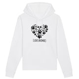 Sweat à capuche - I Love Animals - Coton Bio - Cadeau Original - Cadeau Personnalisable - Cadeaux-Positifs.com -XS-Blanc-