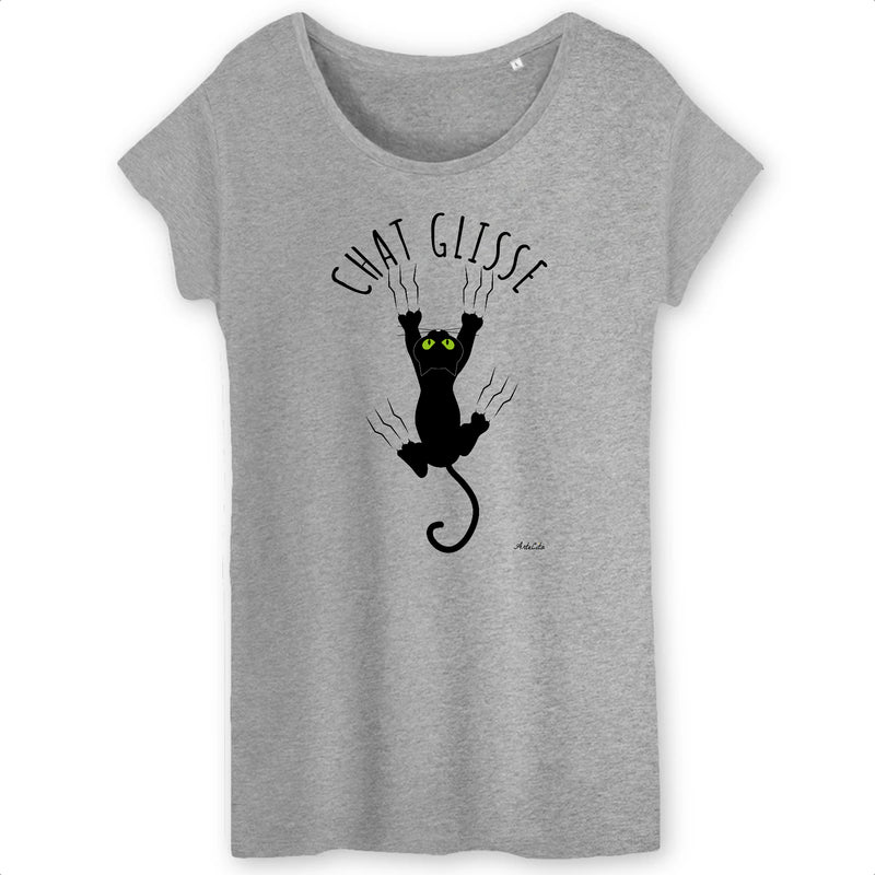 Cadeau anniversaire : T-Shirt - Chat Glisse - Femme - Coton Bio - 2 Coloris - Cadeau Original - Cadeau Personnalisable - Cadeaux-Positifs.com -XS-Gris-
