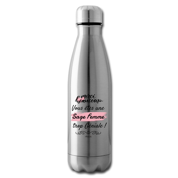 Bouteille isotherme - Merci Sage Femme - Sans BPA - Cadeau Durable - Cadeau Personnalisable - Cadeaux-Positifs.com -argent clair-