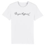 T-Shirt - Bonjour Happiness - Coton Bio - 2 Coloris - Cadeau Original - Cadeau Personnalisable - Cadeaux-Positifs.com -XS-Blanc-