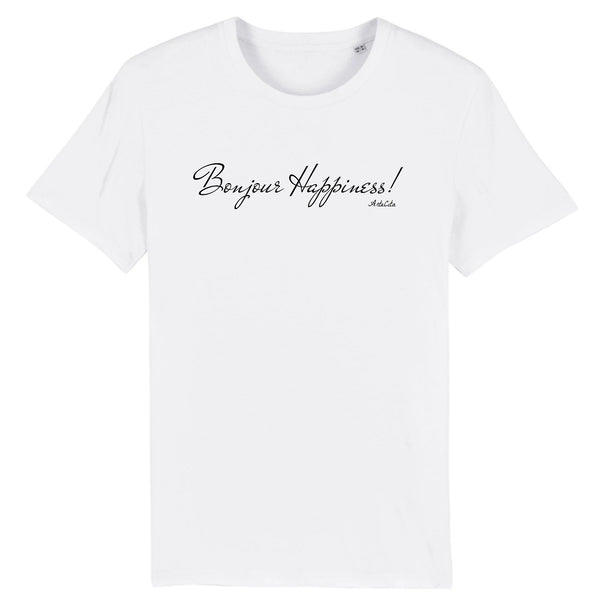 T-Shirt - Bonjour Happiness - Coton Bio - 2 Coloris - Cadeau Original - Cadeau Personnalisable - Cadeaux-Positifs.com -XS-Blanc-