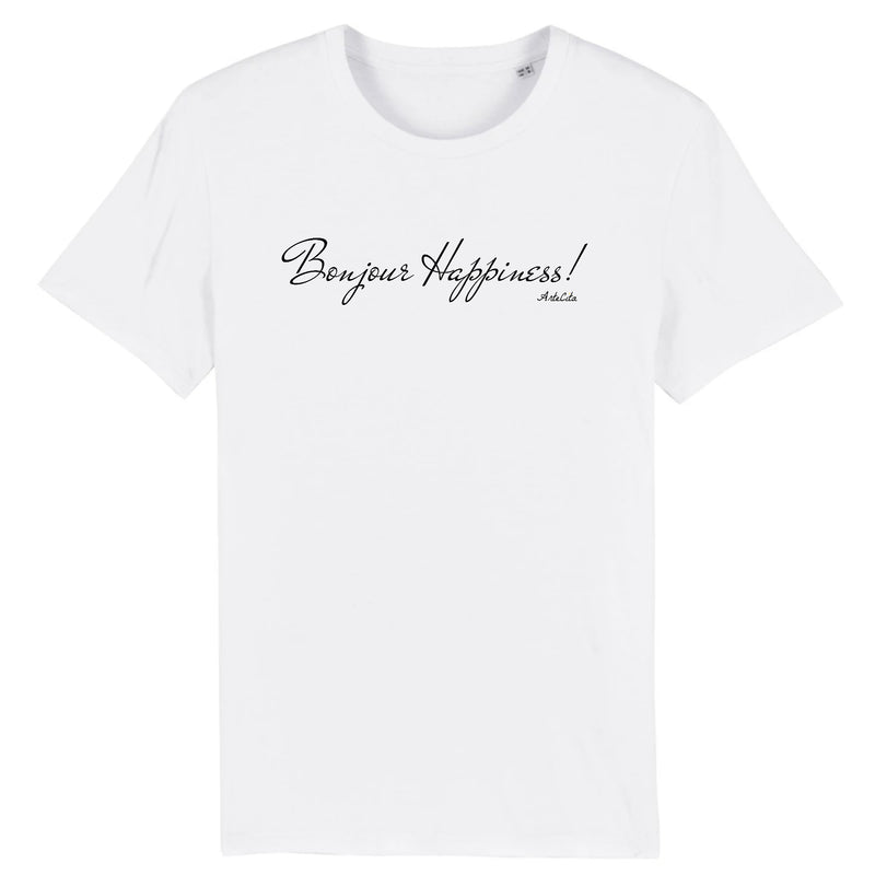 Cadeau anniversaire : T-Shirt - Bonjour Happiness - Coton Bio - 2 Coloris - Cadeau Original - Cadeau Personnalisable - Cadeaux-Positifs.com -XS-Blanc-