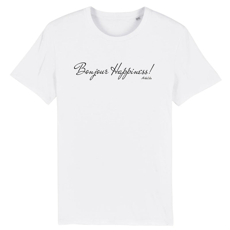 Cadeau anniversaire : T-Shirt - Bonjour Happiness - Coton Bio - 2 Coloris - Cadeau Original - Cadeau Personnalisable - Cadeaux-Positifs.com -XS-Blanc-