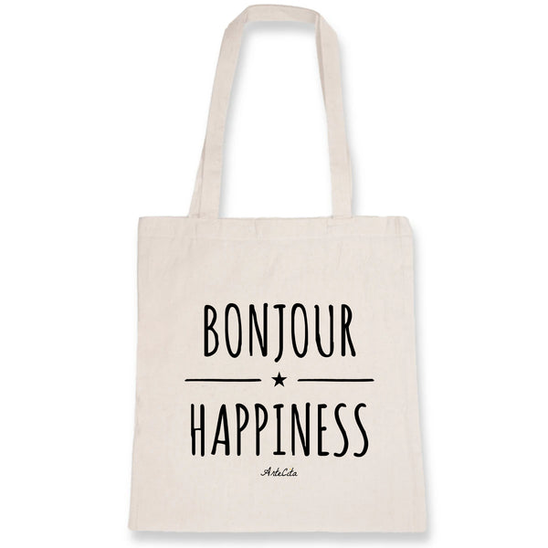 Tote Bag - Bonjour Happiness - Coton Bio - Cadeau Original - Cadeau Personnalisable - Cadeaux-Positifs.com -Unique-Blanc-