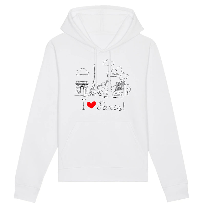 Cadeau anniversaire : Sweat à capuche - I Love Paris - Coton Bio - 2 Coloris - Cadeau Original - Cadeau Personnalisable - Cadeaux-Positifs.com -XS-Blanc-