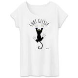 T-Shirt - Chat Glisse - Femme - Coton Bio - 2 Coloris - Cadeau Original - Cadeau Personnalisable - Cadeaux-Positifs.com -XS-Blanc-
