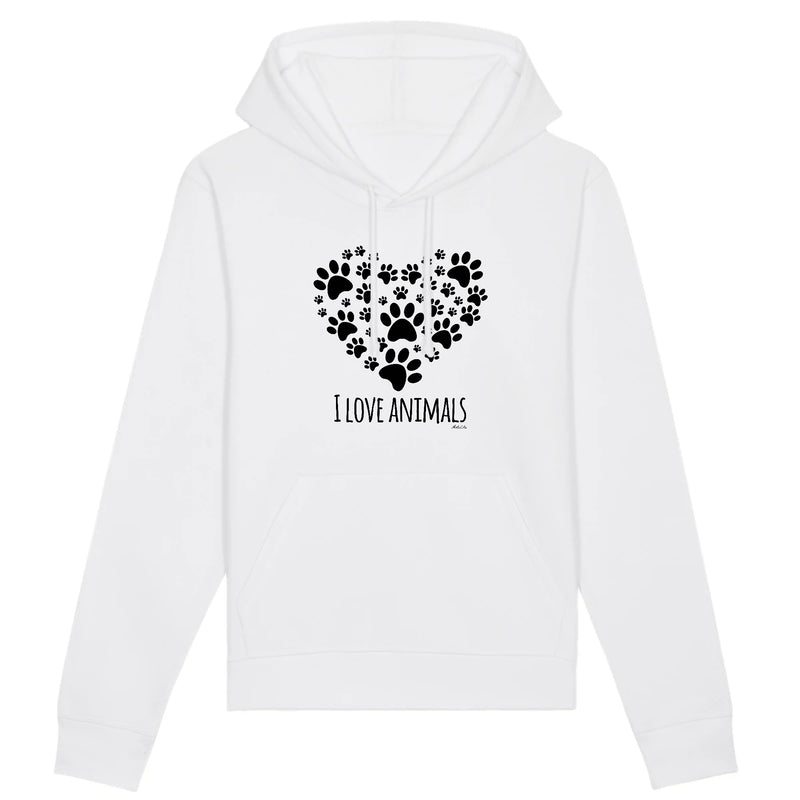 Cadeau anniversaire : Sweat à capuche - I Love Animals - Coton Bio - Cadeau Original - Cadeau Personnalisable - Cadeaux-Positifs.com -XS-Blanc-