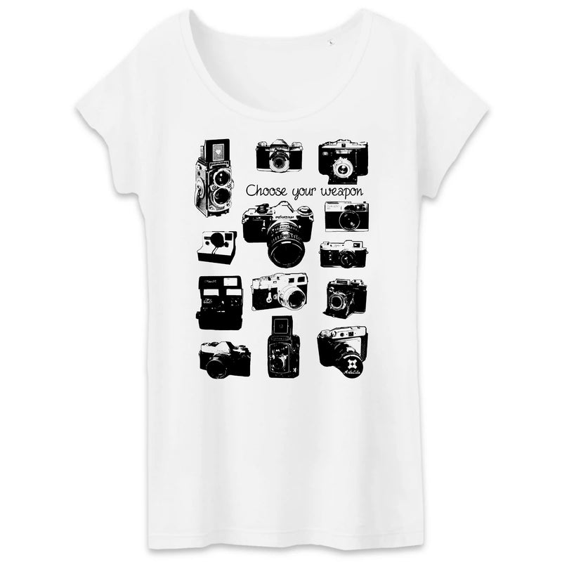 Cadeau anniversaire : T-Shirt Femme - Appareils Photo Vintage / Choose your Weapon - Coton Bio - Cadeau Personnalisable - Cadeaux-Positifs.com -XS-Blanc-