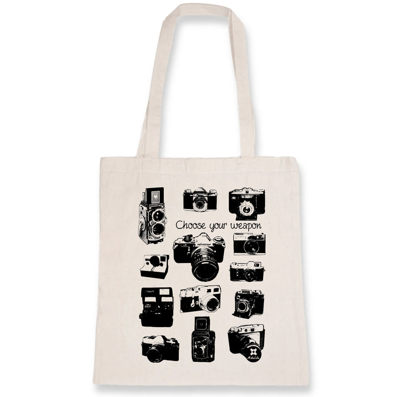 Cadeau anniversaire : Tote Bag - Appareils Photo Vintage / Choose your Weapon - Coton Bio - Cadeau Personnalisable - Cadeaux-Positifs.com -Unique-Blanc-