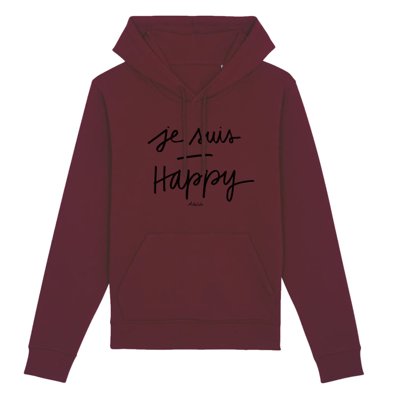 Cadeau anniversaire : Sweat à capuche - Je Suis Happy - Coton Bio - 3 Coloris - Cadeau Personnalisable - Cadeaux-Positifs.com -XS-Bordeaux-