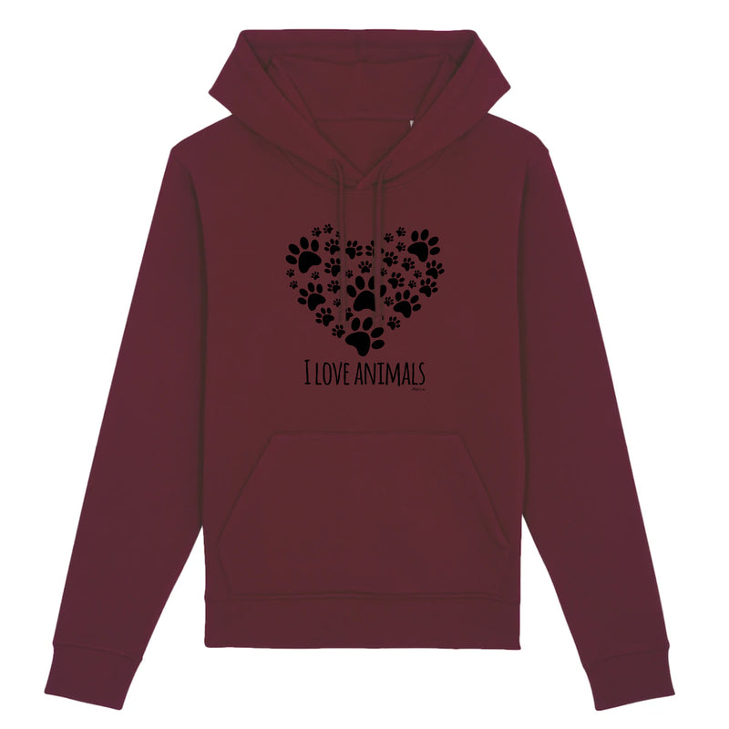 Cadeau anniversaire : Sweat à capuche - I Love Animals - Coton Bio - Cadeau Original - Cadeau Personnalisable - Cadeaux-Positifs.com -XS-Bordeaux-