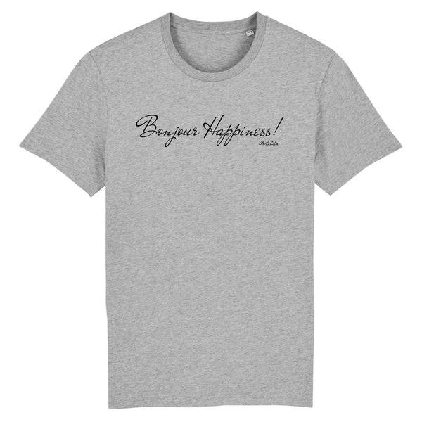 T-Shirt - Bonjour Happiness - Coton Bio - 2 Coloris - Cadeau Original - Cadeau Personnalisable - Cadeaux-Positifs.com -XS-Gris-
