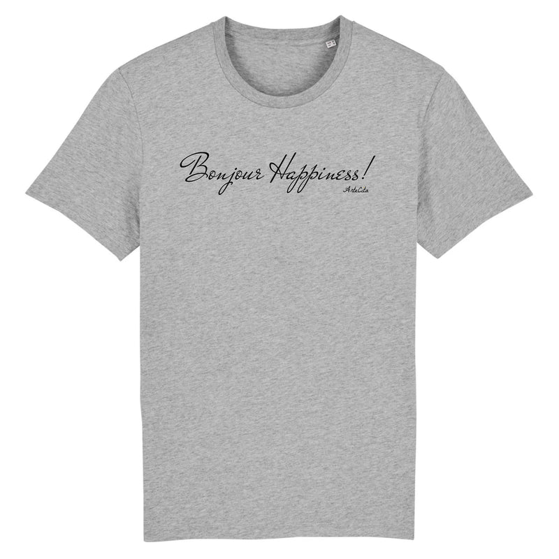 Cadeau anniversaire : T-Shirt - Bonjour Happiness - Coton Bio - 2 Coloris - Cadeau Original - Cadeau Personnalisable - Cadeaux-Positifs.com -XS-Gris-