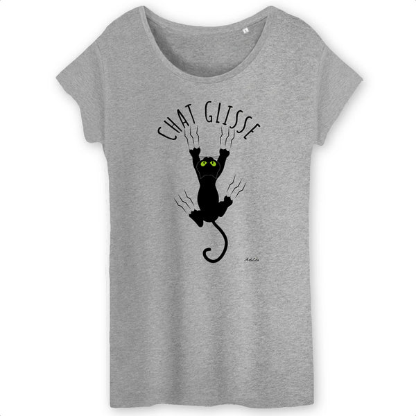 T-Shirt - Chat Glisse - Femme - Coton Bio - 2 Coloris - Cadeau Original - Cadeau Personnalisable - Cadeaux-Positifs.com -XS-Gris-