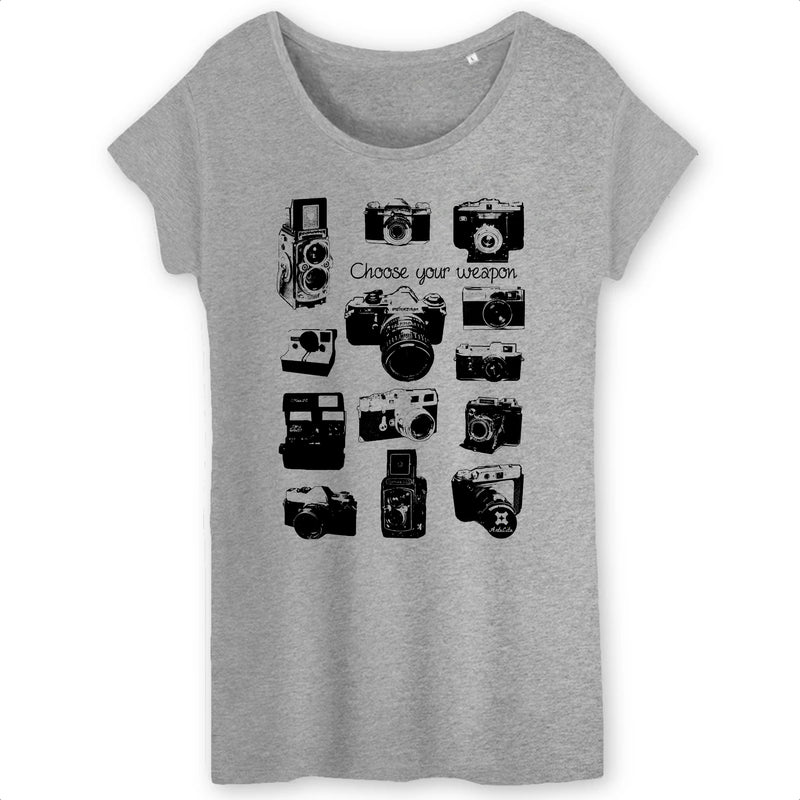 Cadeau anniversaire : T-Shirt Femme - Appareils Photo Vintage / Choose your Weapon - Coton Bio - Cadeau Personnalisable - Cadeaux-Positifs.com -XS-Gris-