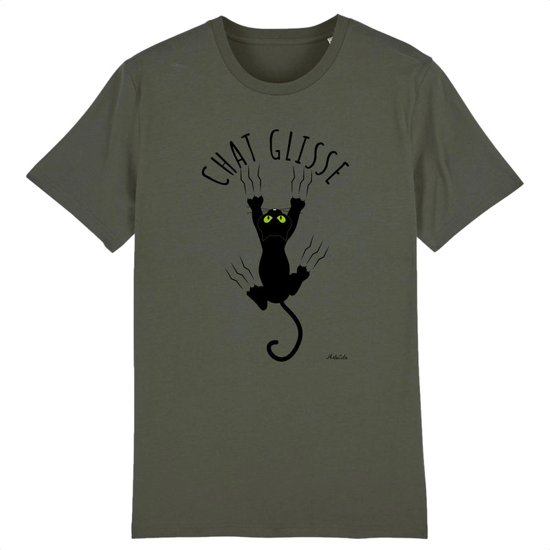 Cadeau anniversaire : T-Shirt - Chat Glisse - Unisexe - Coton Bio - 5 Coloris - Cadeau Personnalisable - Cadeaux-Positifs.com -XS-Kaki-